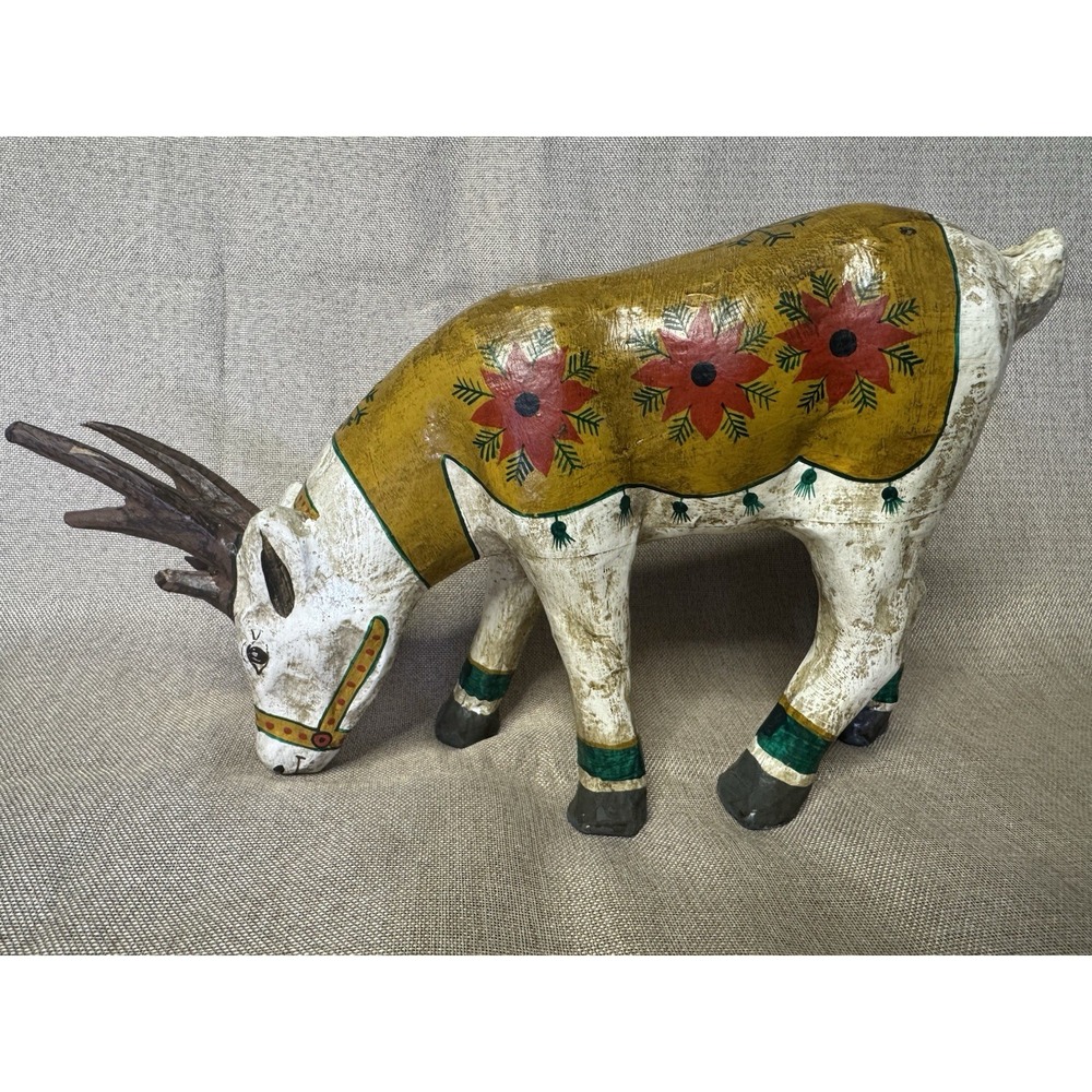 Hand Painted Papier Mache Reindeer Figurine Poinsettia Christmas Folk Art Decor